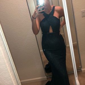 La Femme Emerald Green Lace Prom Dress